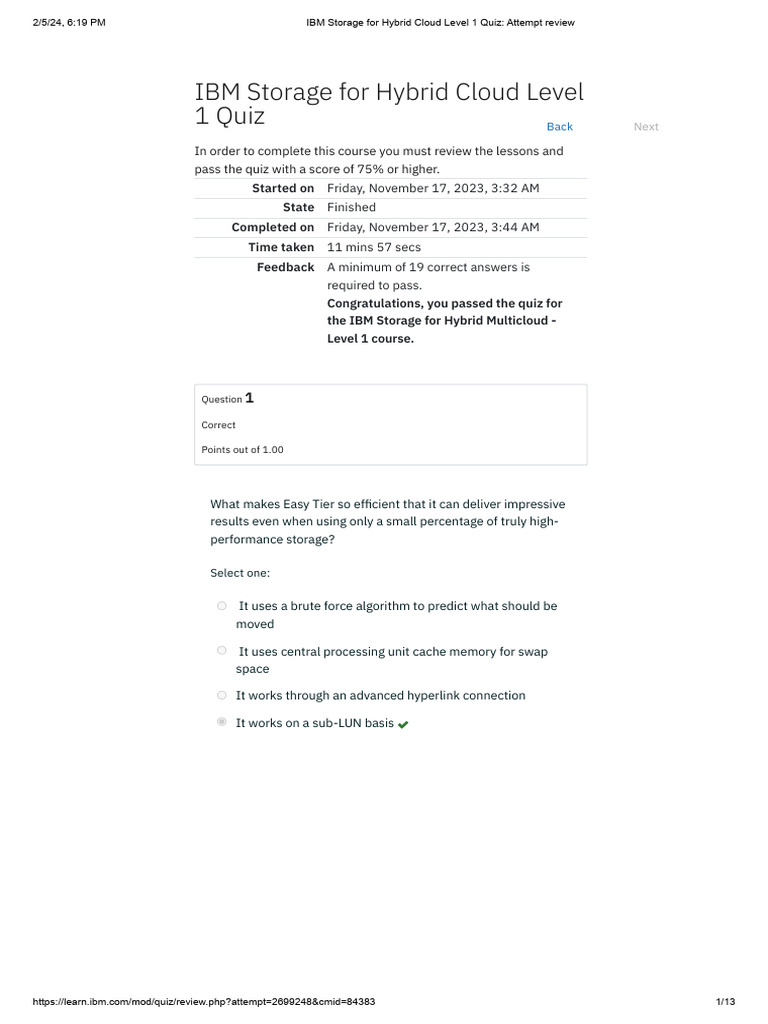 IBM Storage For Hybrid Cloud Level 1 Quiz - Attempt Review | PDF ...