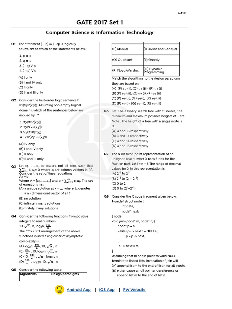GATE - GATE 2017 Set 1 - Q | PDF | Computer Programming | Computing