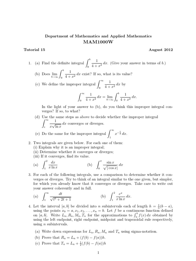 Tutorial+15+ +2012+ Improper+Integrals%2C+Areas%2C+Volumes 1 | PDF ...