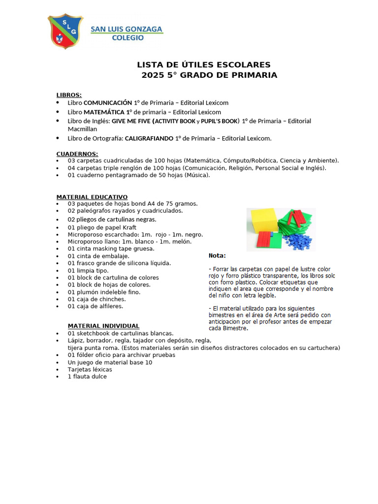 Lista de Utiles 5to Grado 2025 | PDF