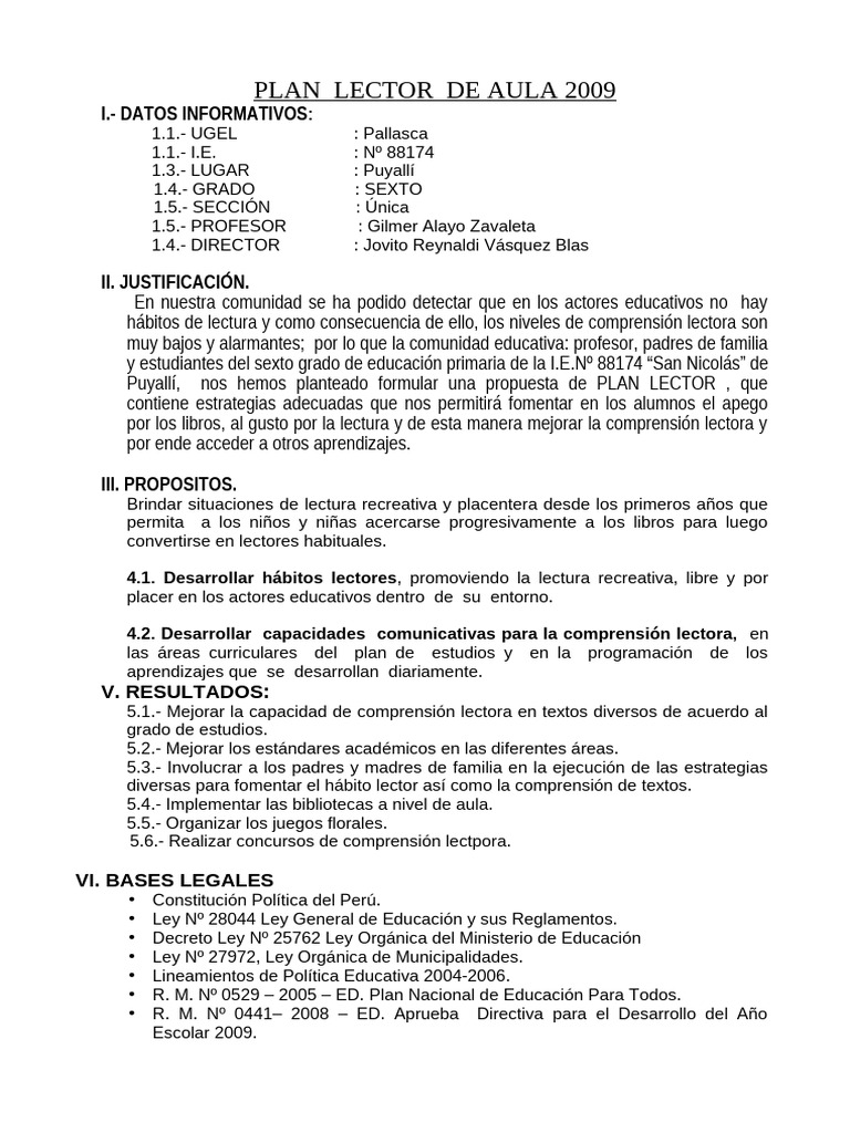 Plan Lector de Aula | PDF | Comprensión lectora | Salón de clases