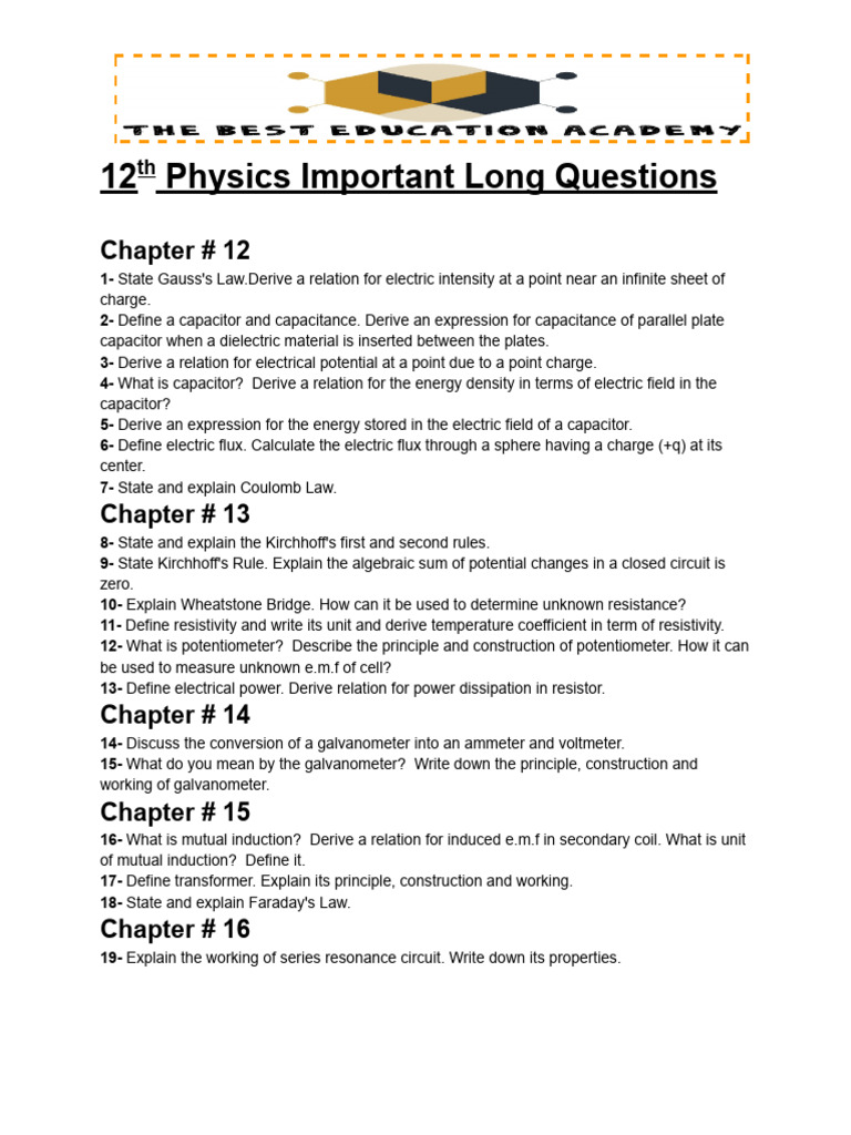 12th Physics Long Questions | PDF | Capacitor | Atoms