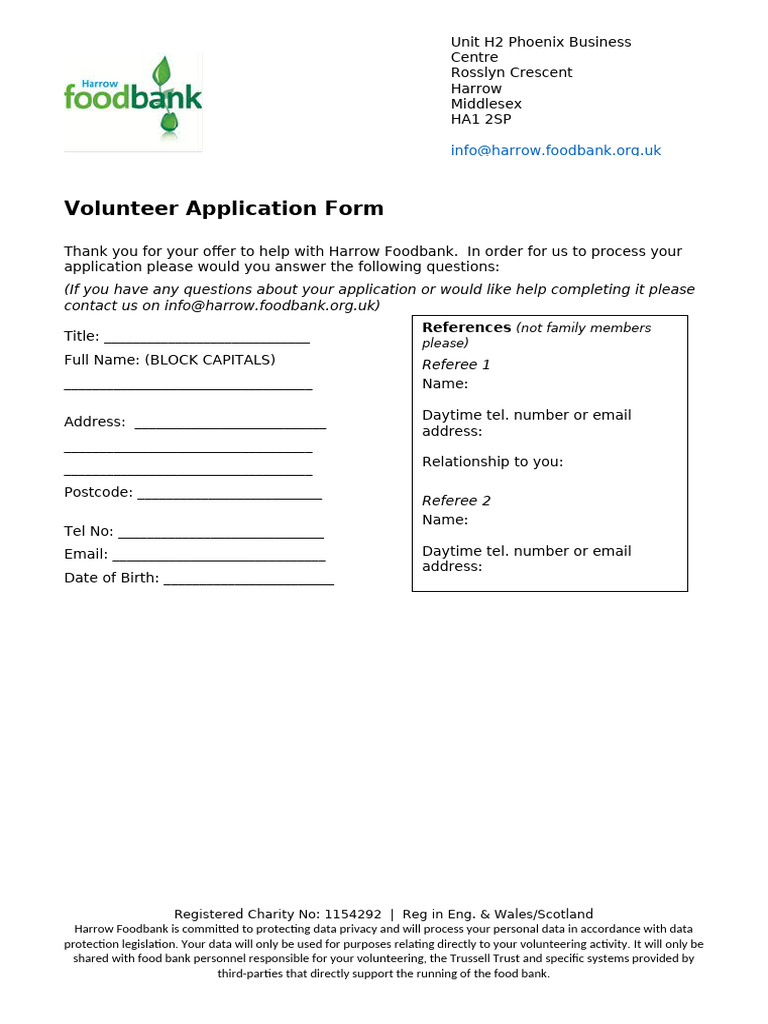 Harrow Foodbank Application Form | PDF | Food Bank | Justice