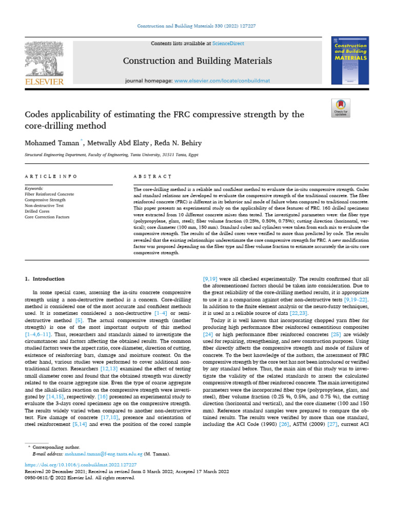 Codes applicability of estimating the FRC compressive strength by the ...