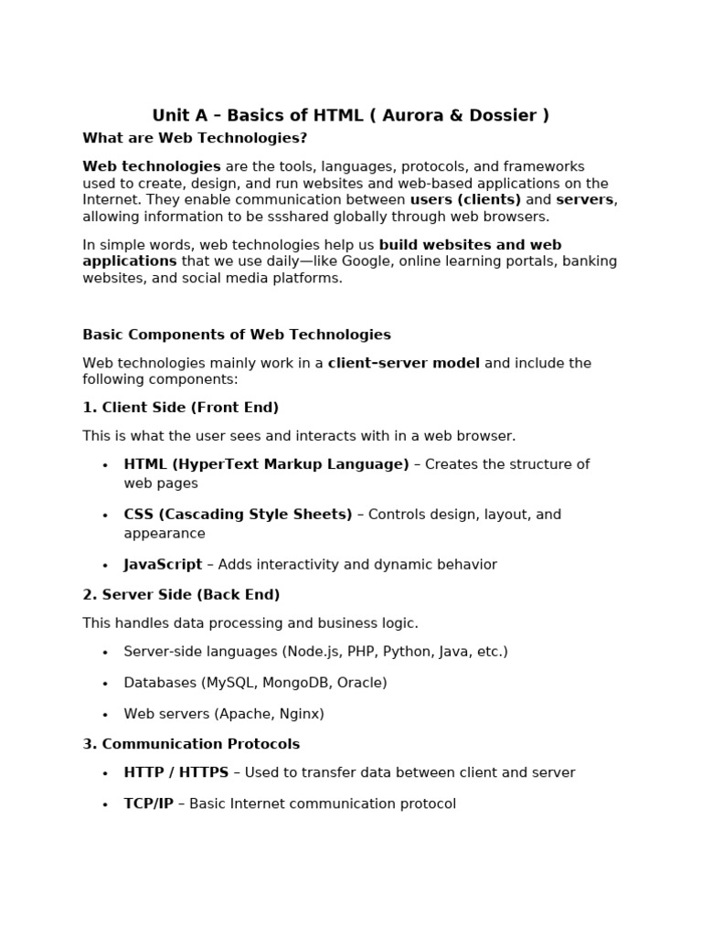 Unit A - Basics of HTML (Detailed Theory Notes For B | PDF | World Wide ...