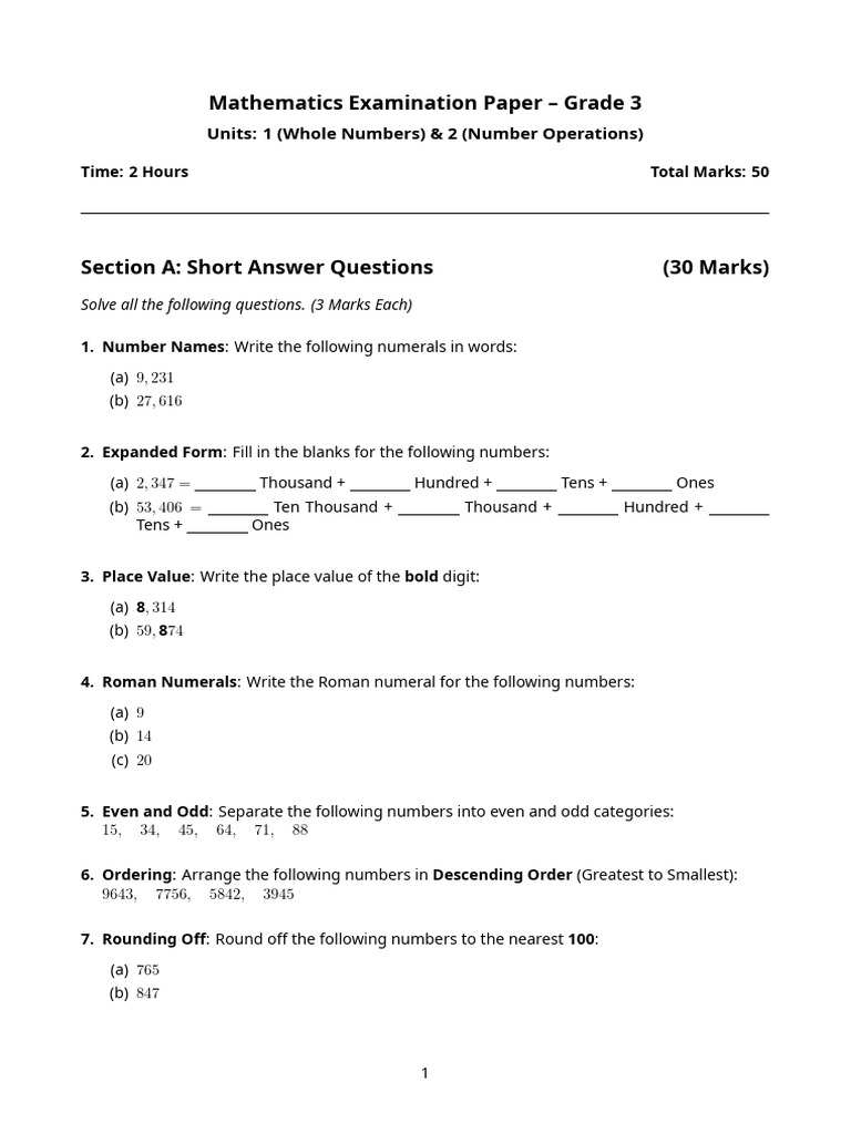 Math Paper Grade 3 | PDF