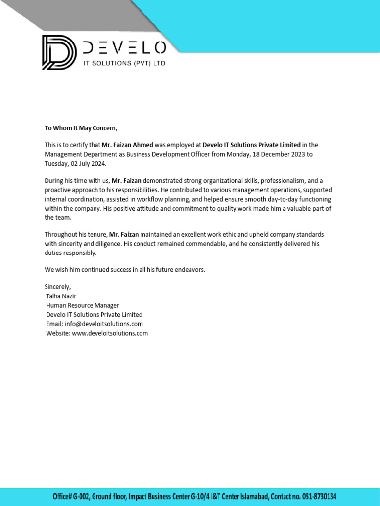 Faizan Develo Exp Letter | PDF