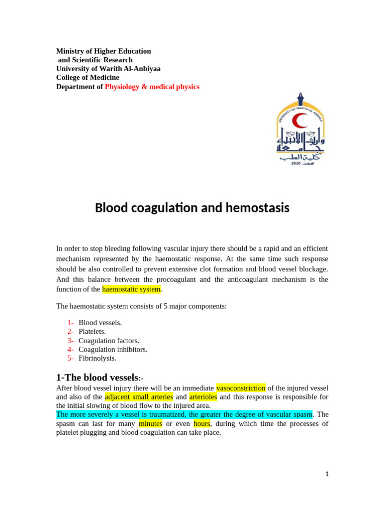 Blood Coagulation and Hemostasis | PDF | Coagulation | Platelet