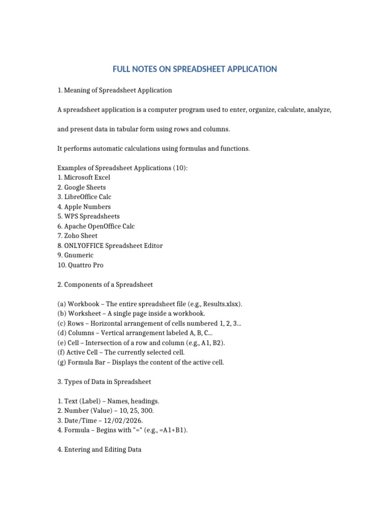 Full Notes On Spreadsheet Application | PDF | Spreadsheet | Software