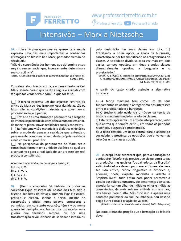 Questões - Ética e Política VI - Marx A Nietzsche-Lista de Exercícios ...