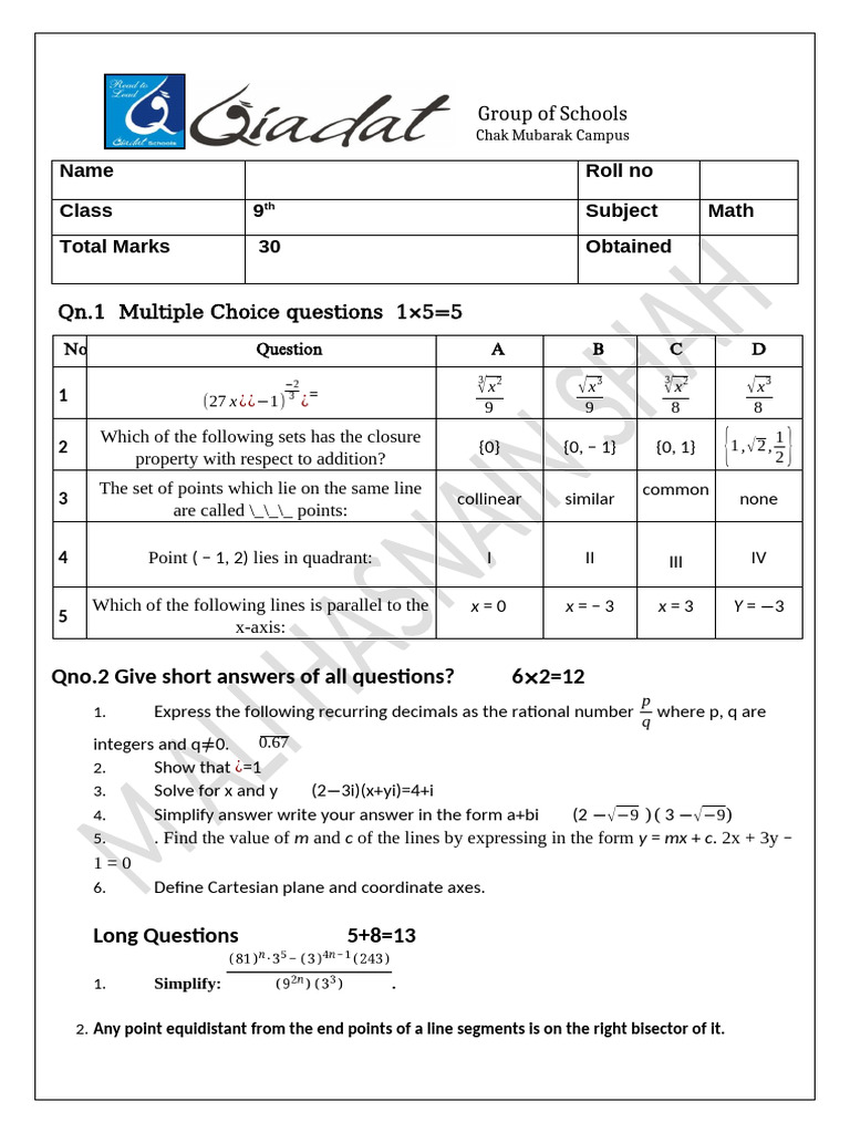 9th Math Phase 2 | PDF | Cartesian Coordinate System | Square Root