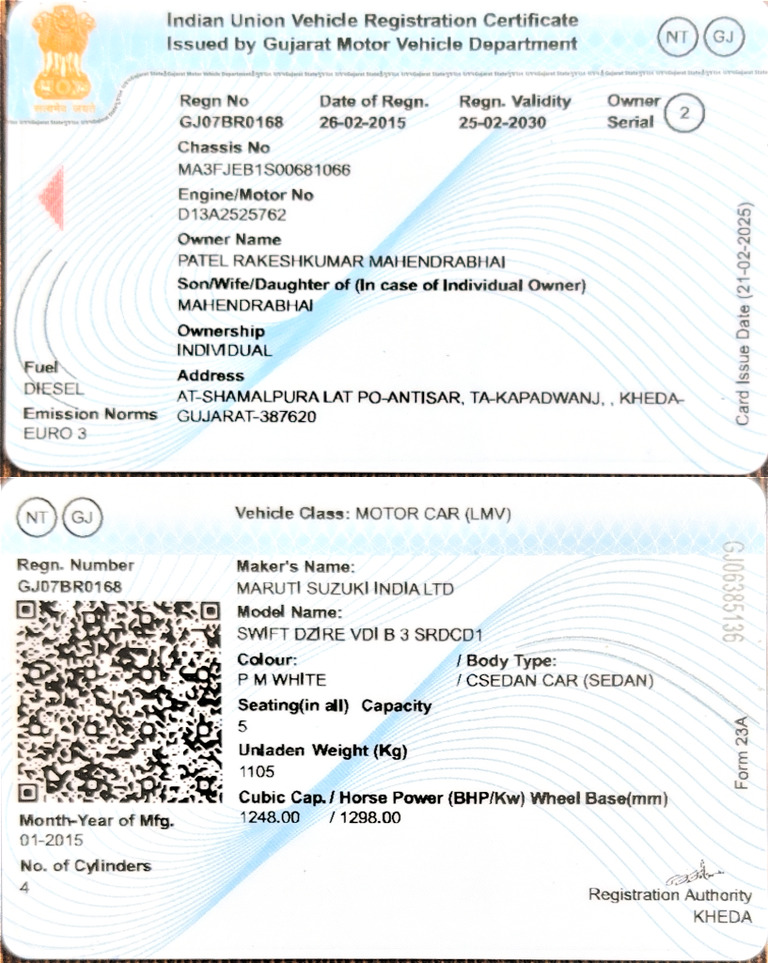 Indian Union Vehicle Registration Certificate | PDF