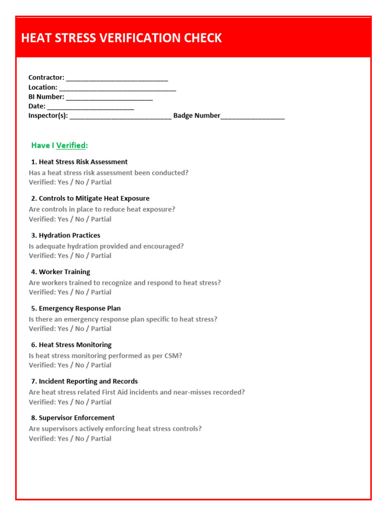 Heat Stress - Verification Check | PDF | Hyperthermia | Risk Assessment
