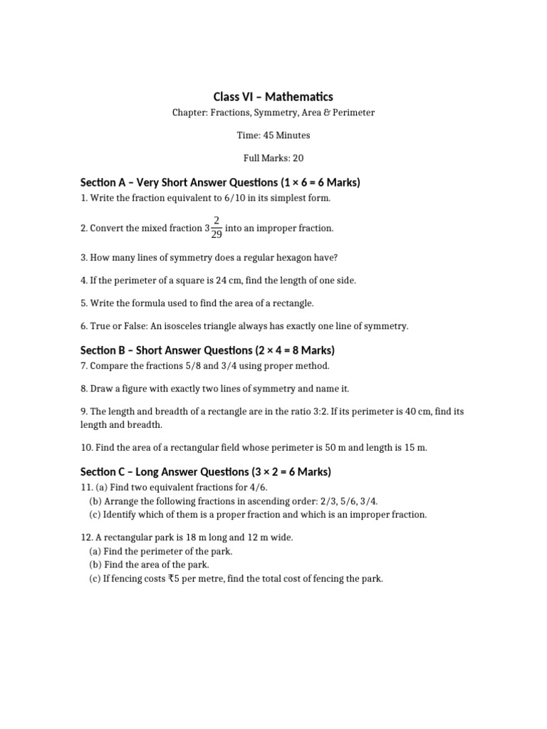 Class 6 Maths Questiopn Paper | PDF