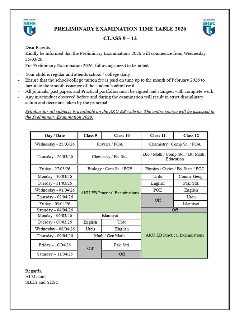 Preliminary Examination Time Table 2026 | PDF