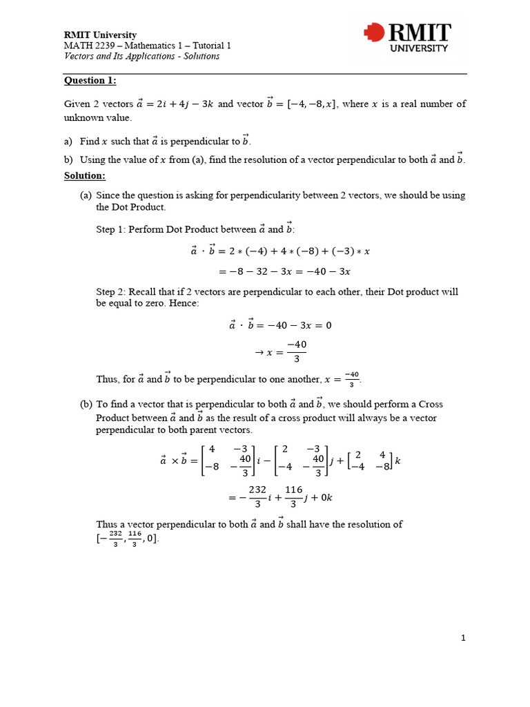 Tutorial - w1 - Vectors Introduction and Arithmetic (Solution) | PDF ...