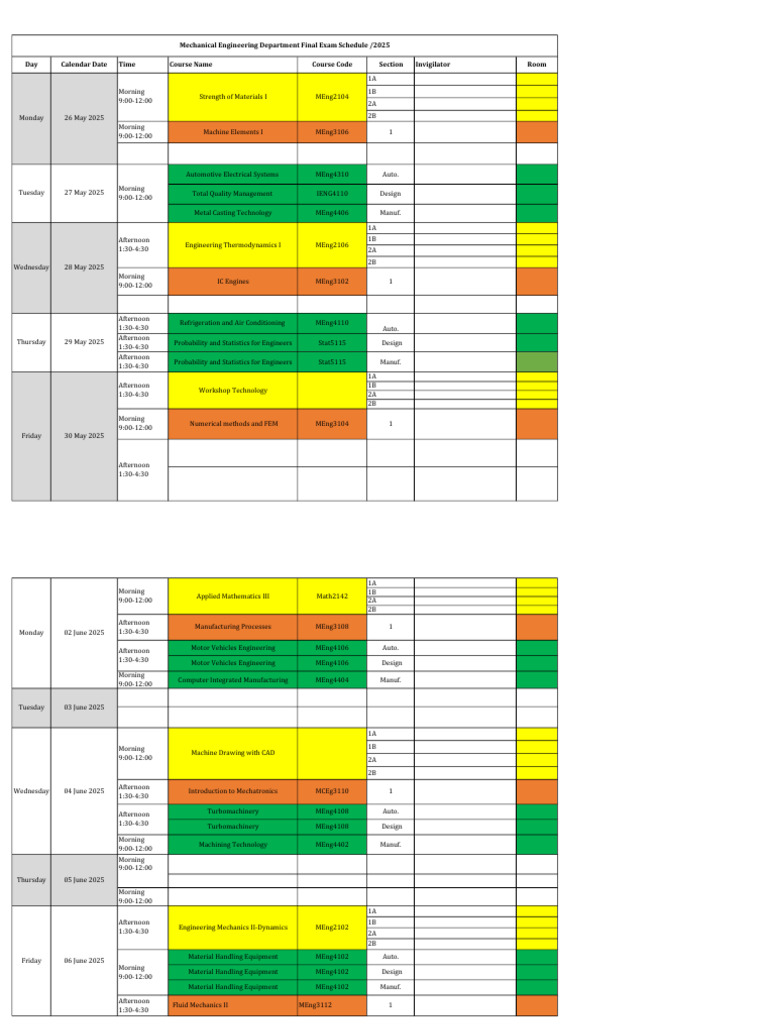 Final Exam Schedule 2025 - For Students | PDF | Mechanical Engineering ...