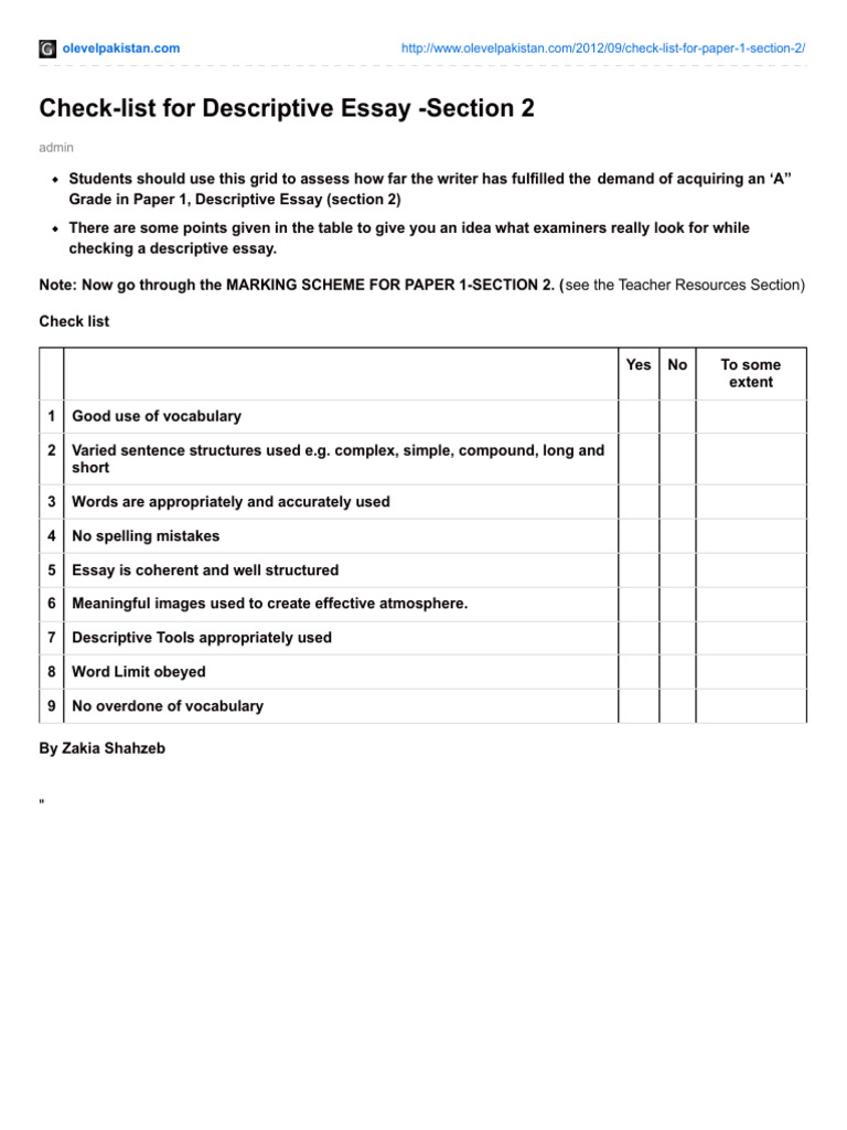 Check-List For Descriptive Essay - Section 2 | PDF