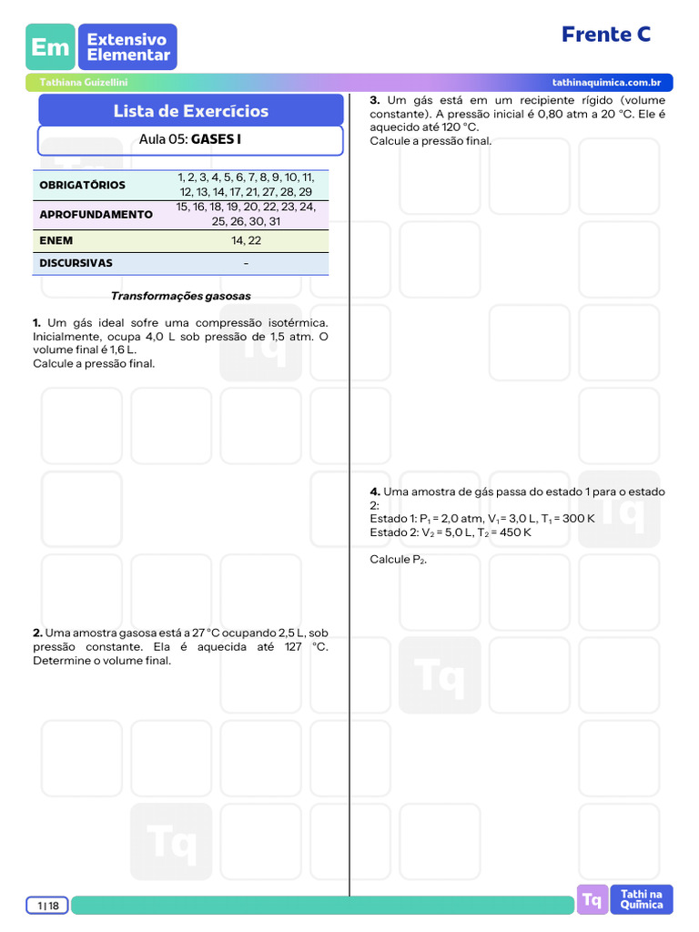 FC - Aula 5 - Gases I - Lista de Exercícios | PDF | Gases | Mol (unidade)