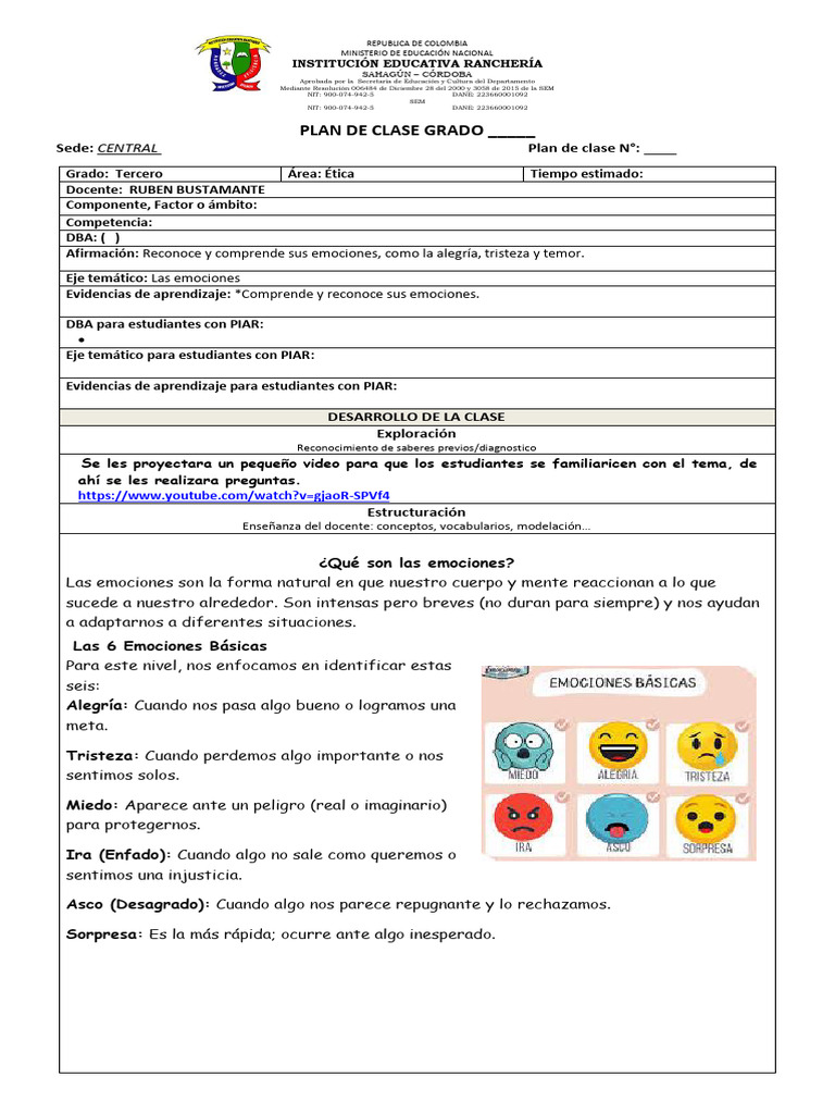 Plan de Clase Etica Las Emociones | PDF | Las emociones | Aprendizaje