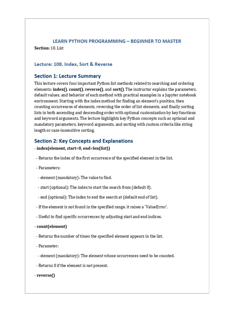 108 +Index,+Sort+&+Reverse | PDF | Parameter (Computer Programming ...