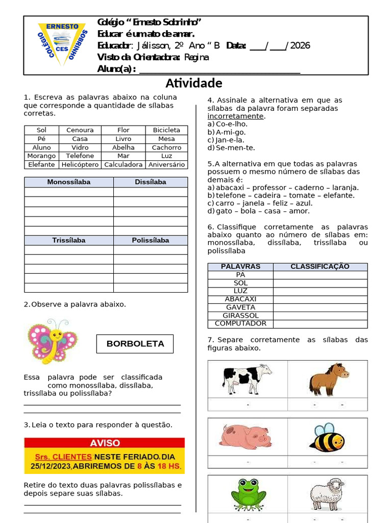 2 Ano - Separação e Classificação Silábica | PDF | Sílaba