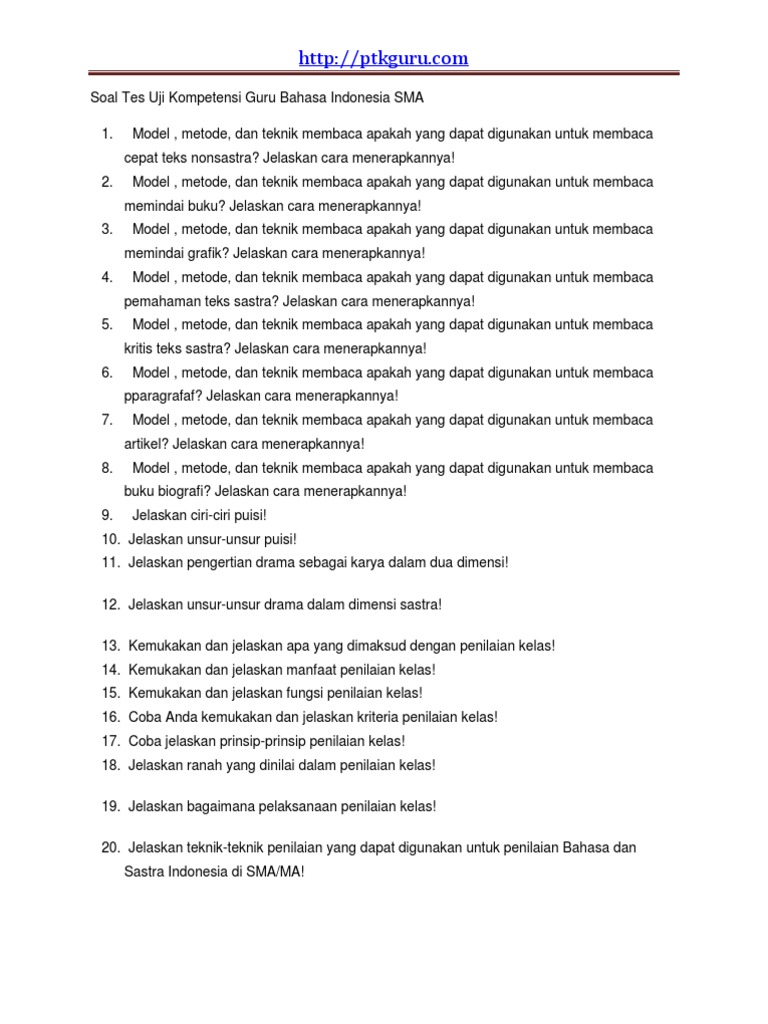 Soal Tes Uji Kompetensi Guru Bahasa Indonesia Sma