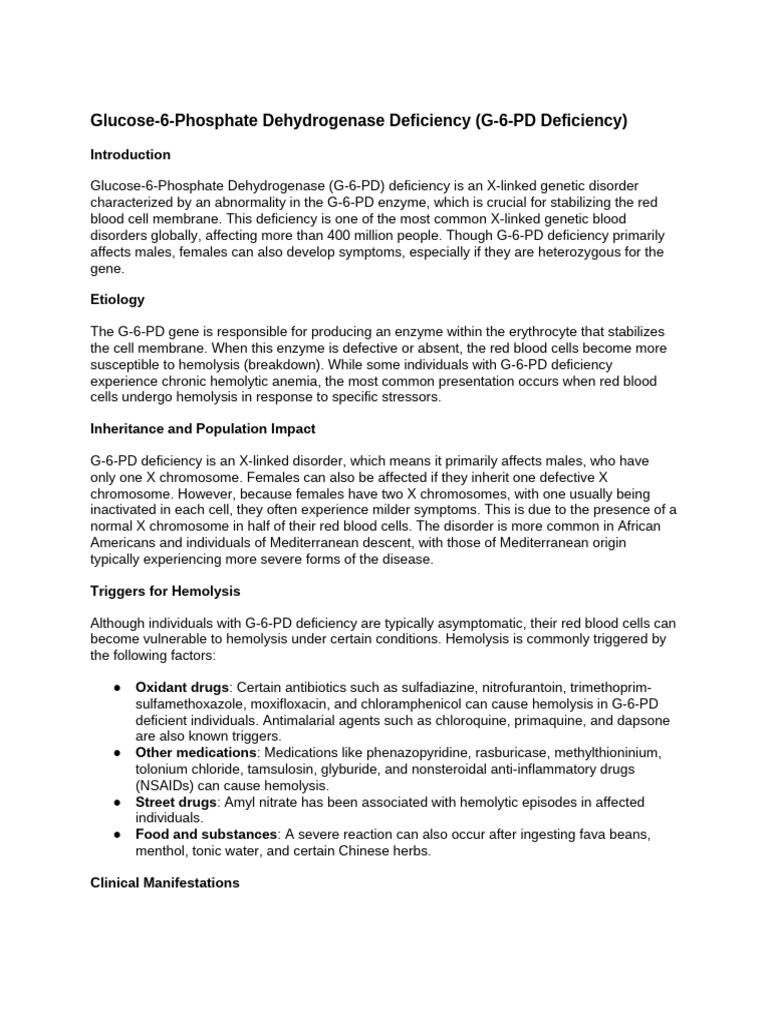 Glucose 6 Phosphate Dehydrogenase Deficiency (G 6 PD Deficiency) | PDF ...
