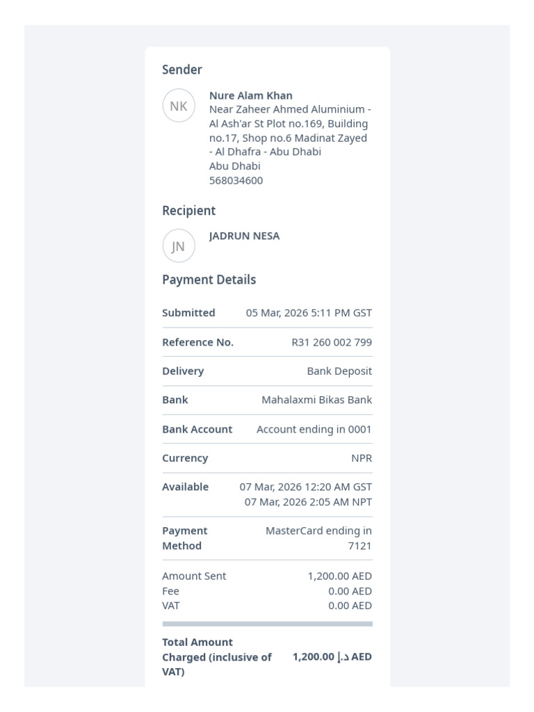 Remitly Transfer Receipt R31260002799 | PDF
