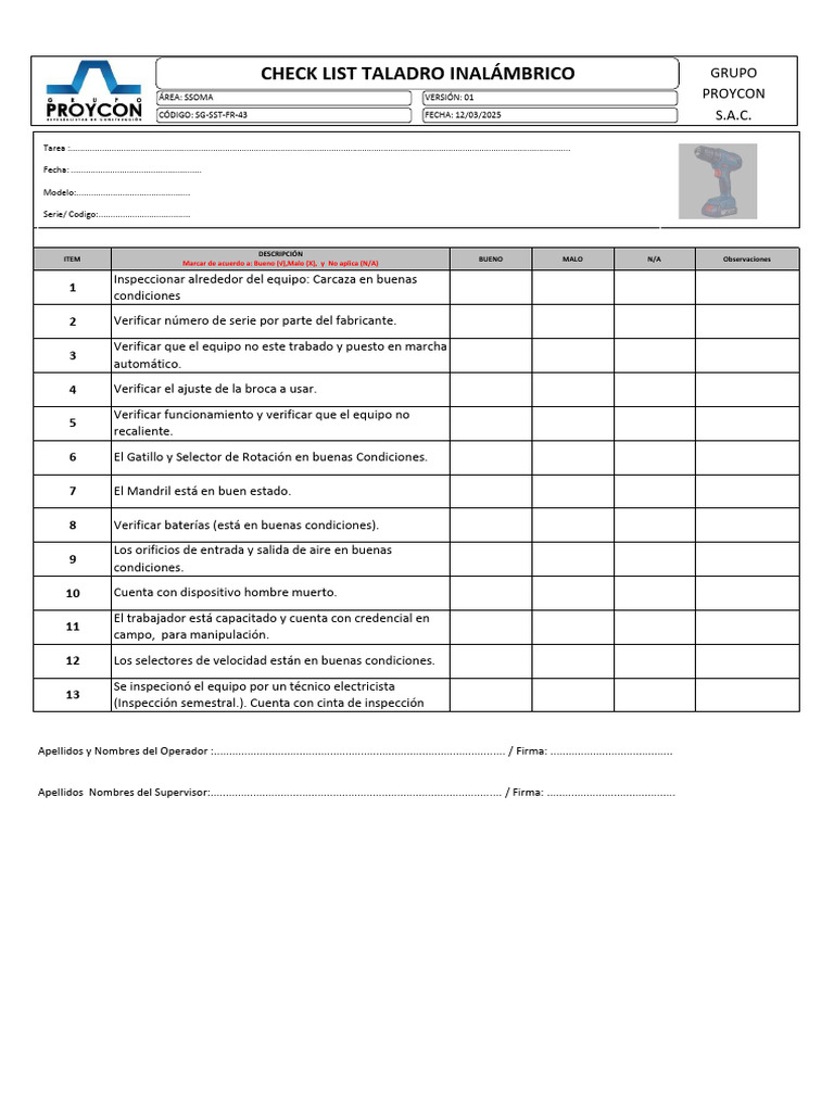SG-SST-FR-43 Check List Taladro Inalambrico | PDF | Perforar