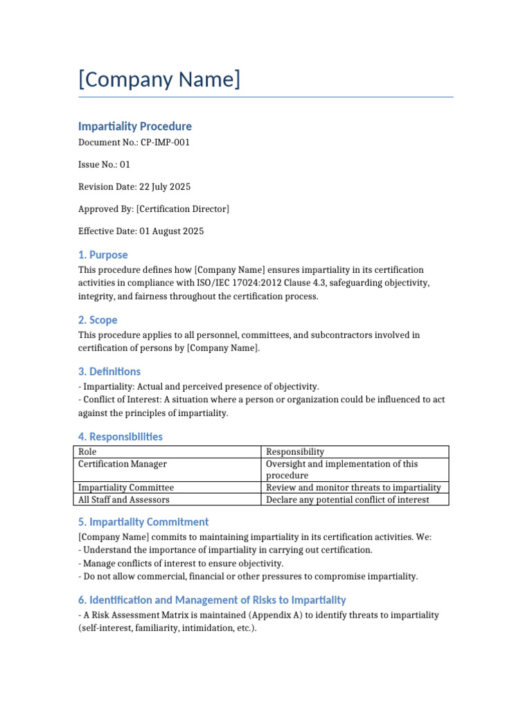 Impartiality Procedure ISO IEC 17024 With Appendices | PDF | Risk ...