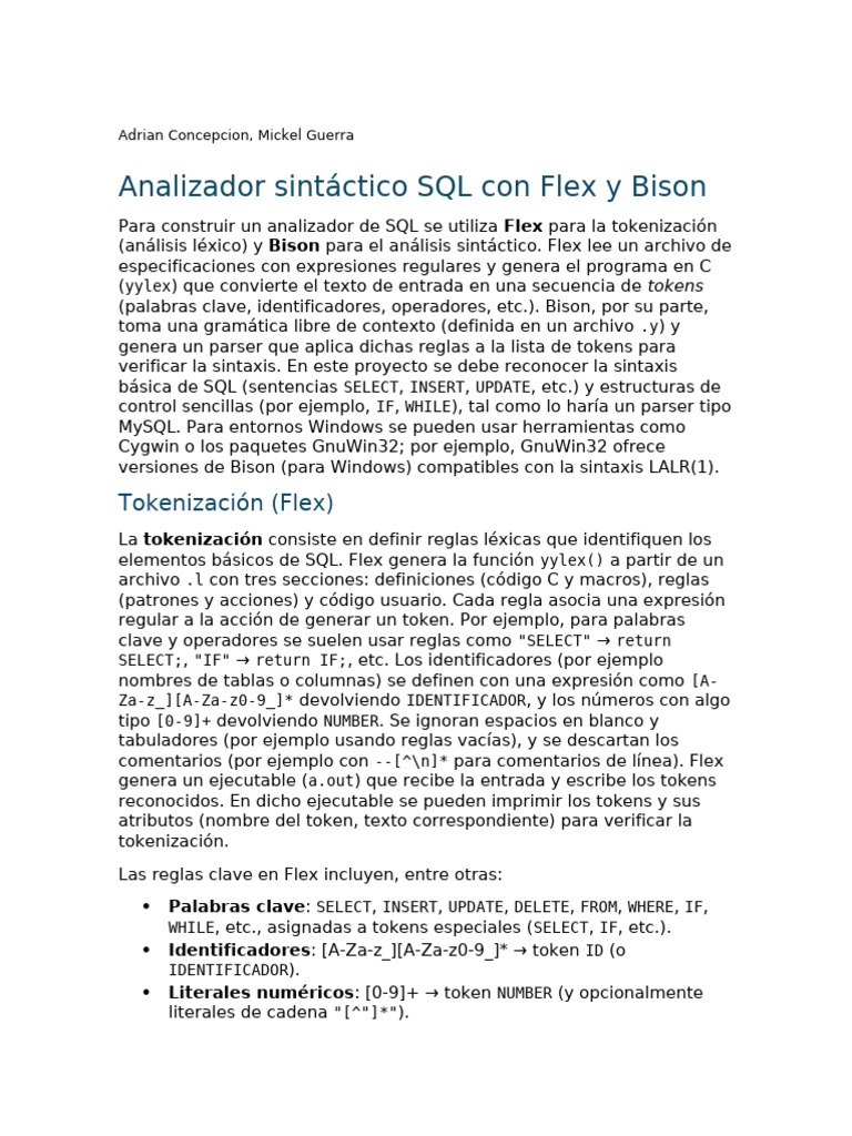 Analizador Sintáctico SQL Con Flex y Bison | PDF | Analizando | SQL