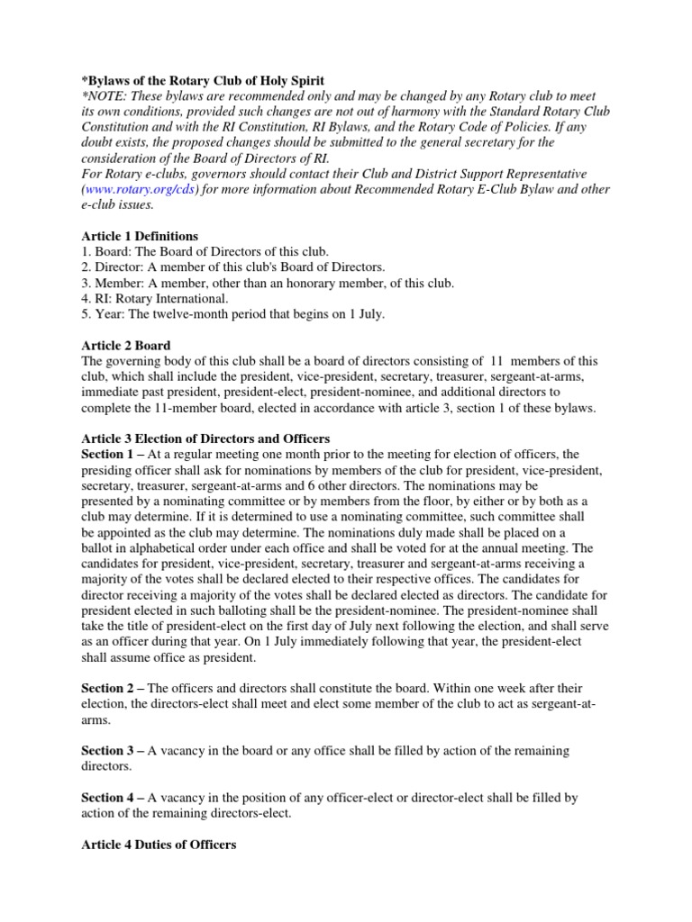 Bylaws of The Rotary Club of Holy Spirit PDF Committee President