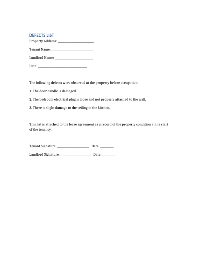 Defects List Lease Agreement | PDF