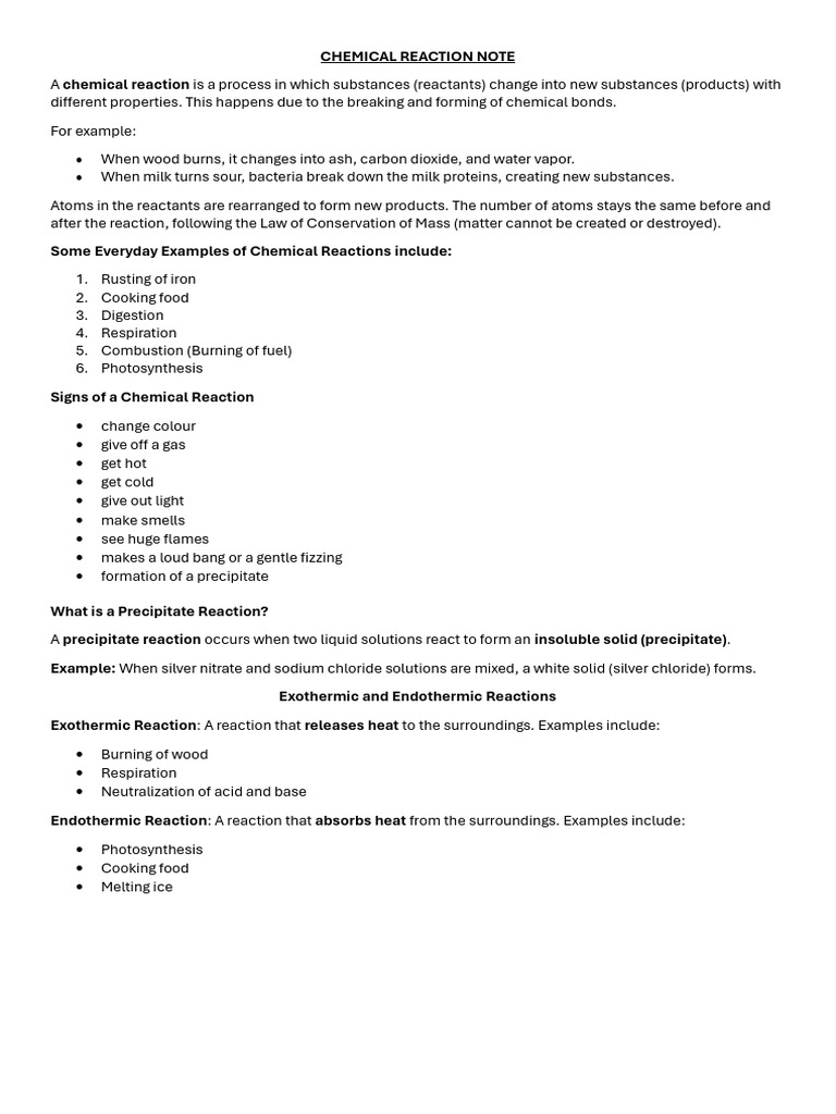 Chemical Reaction Note 1 - Year 8 | PDF