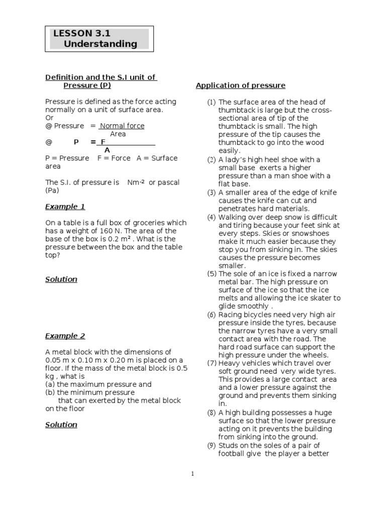 Chapter Pressure:Lesson 3.1 | PDF
