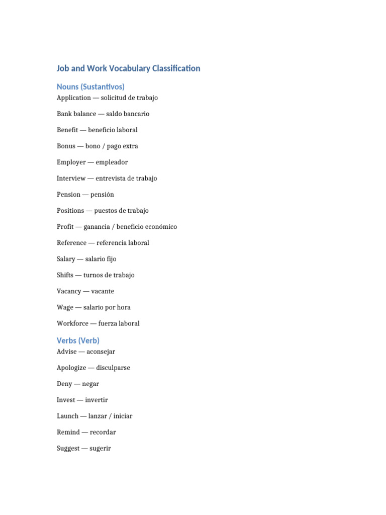 Job Work Vocabulary Classification | PDF