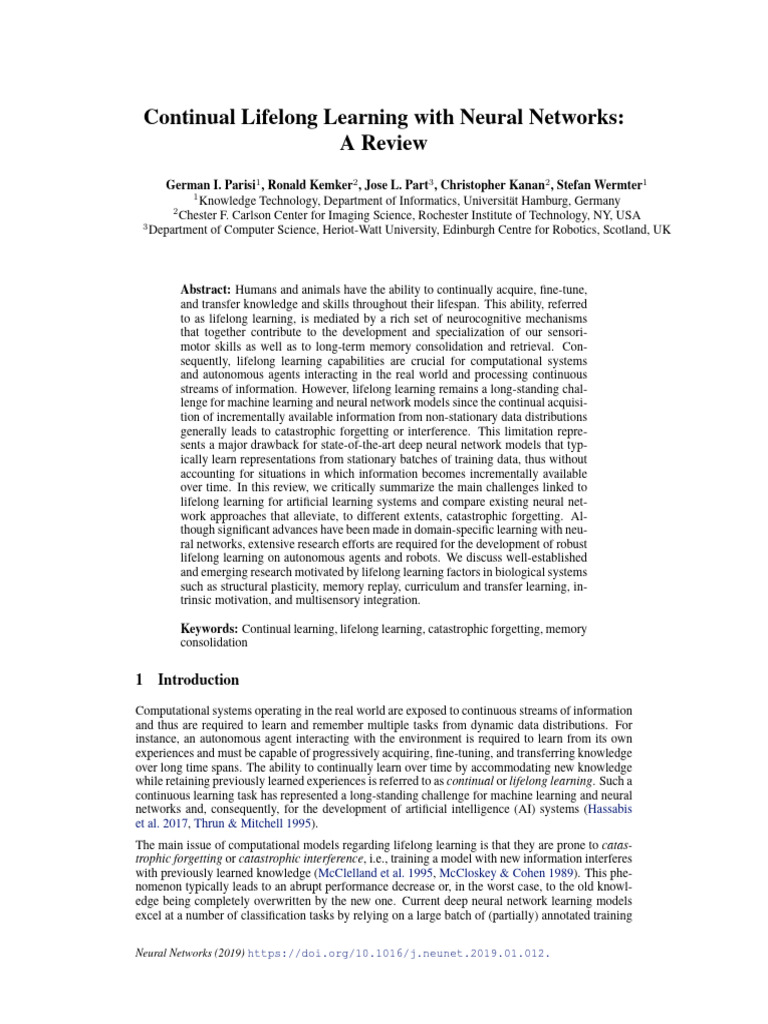 Continual Lifelong Learning With Neural Networks: A Review | PDF ...