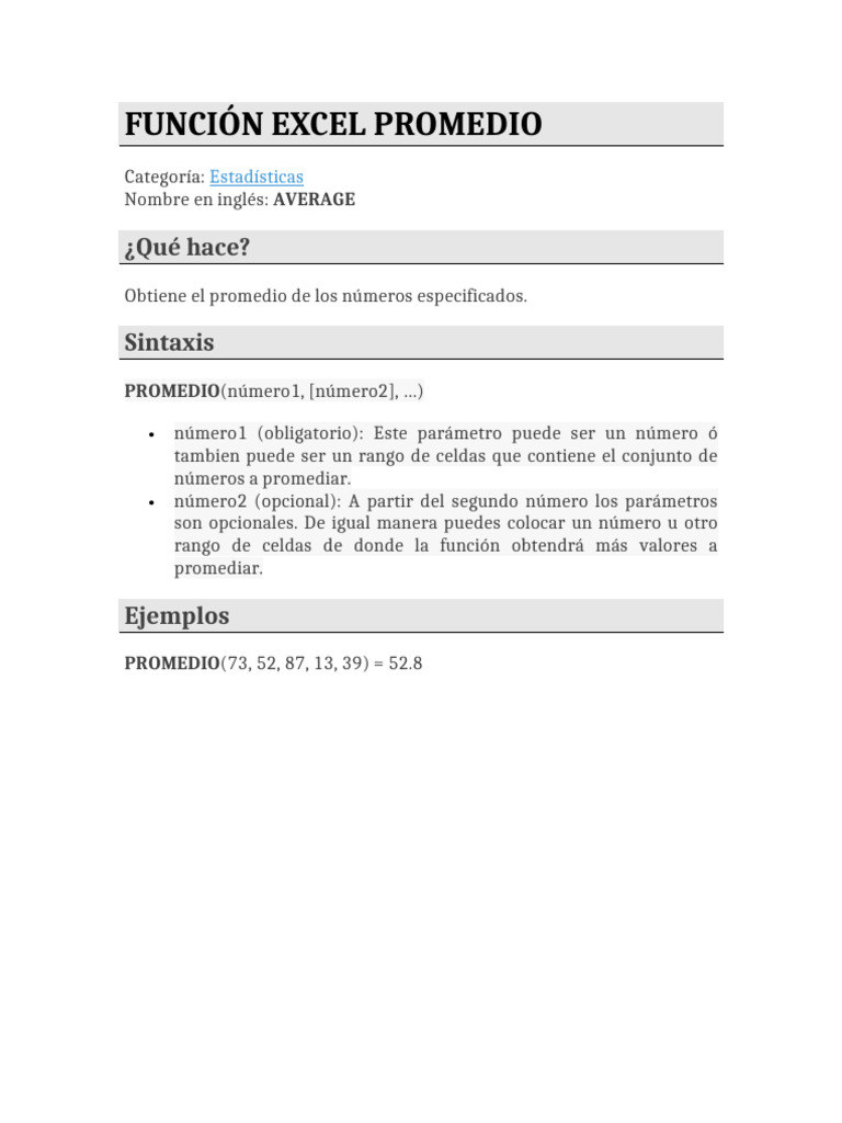 La Función Excel Promedio | PDF