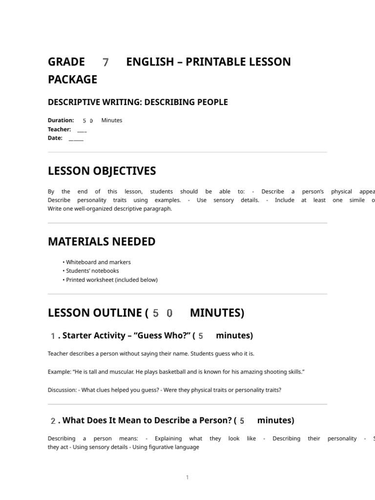 Grade 7 Descriptive Writing Printable Package | PDF