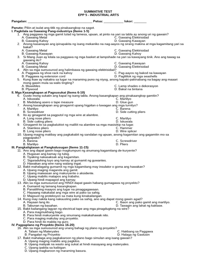 Summative Test in Epp | PDF