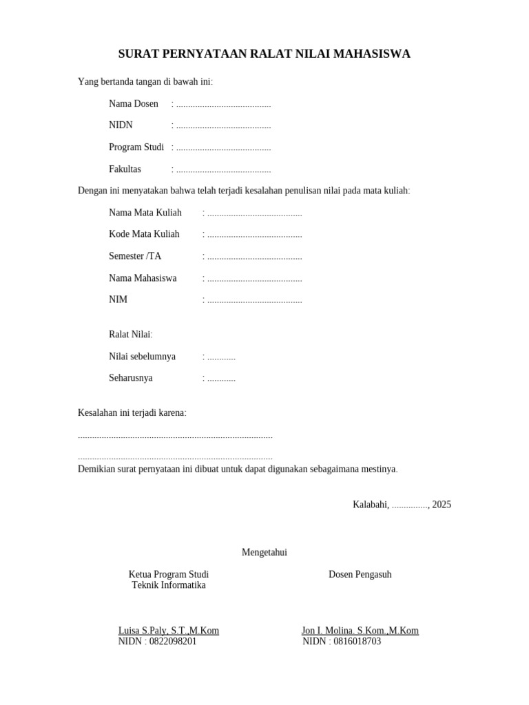 Surat Ralat Nilai Mahasiswa | PDF