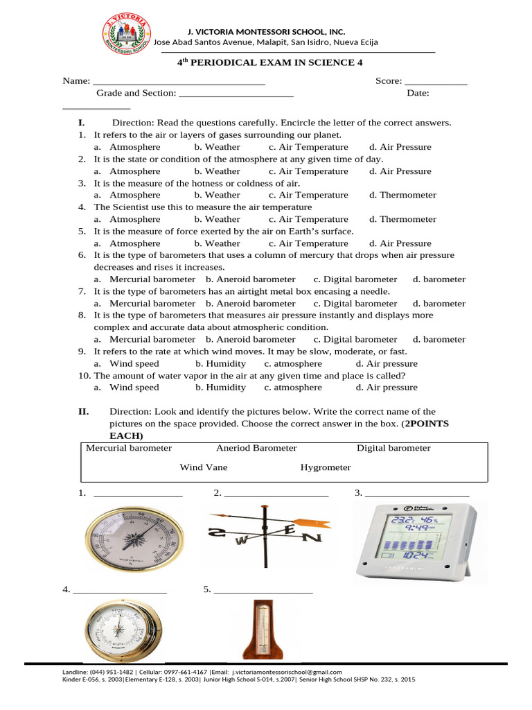 4th Periodical Exam in Science 4 | PDF | Atmospheric Pressure | Atmosphere