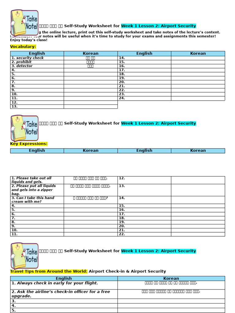 Week 1 Lesson 2 Self-Study Worksheet (Airport Security) | PDF | Airport ...