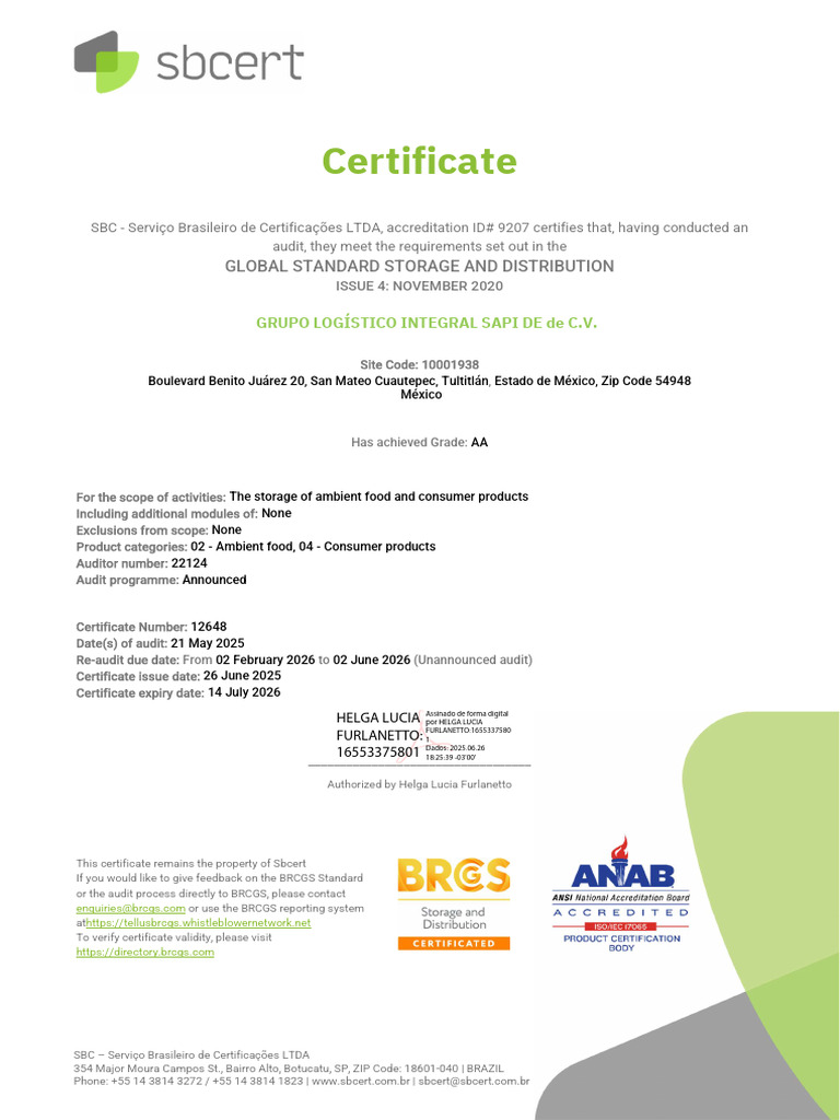 Grupo Logistico Integral - Certificate BRCGS SD | PDF