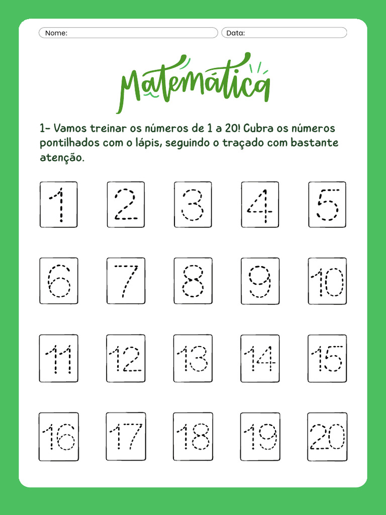 Folha de Atividade Números Um A Vinte Infantil Verde | PDF
