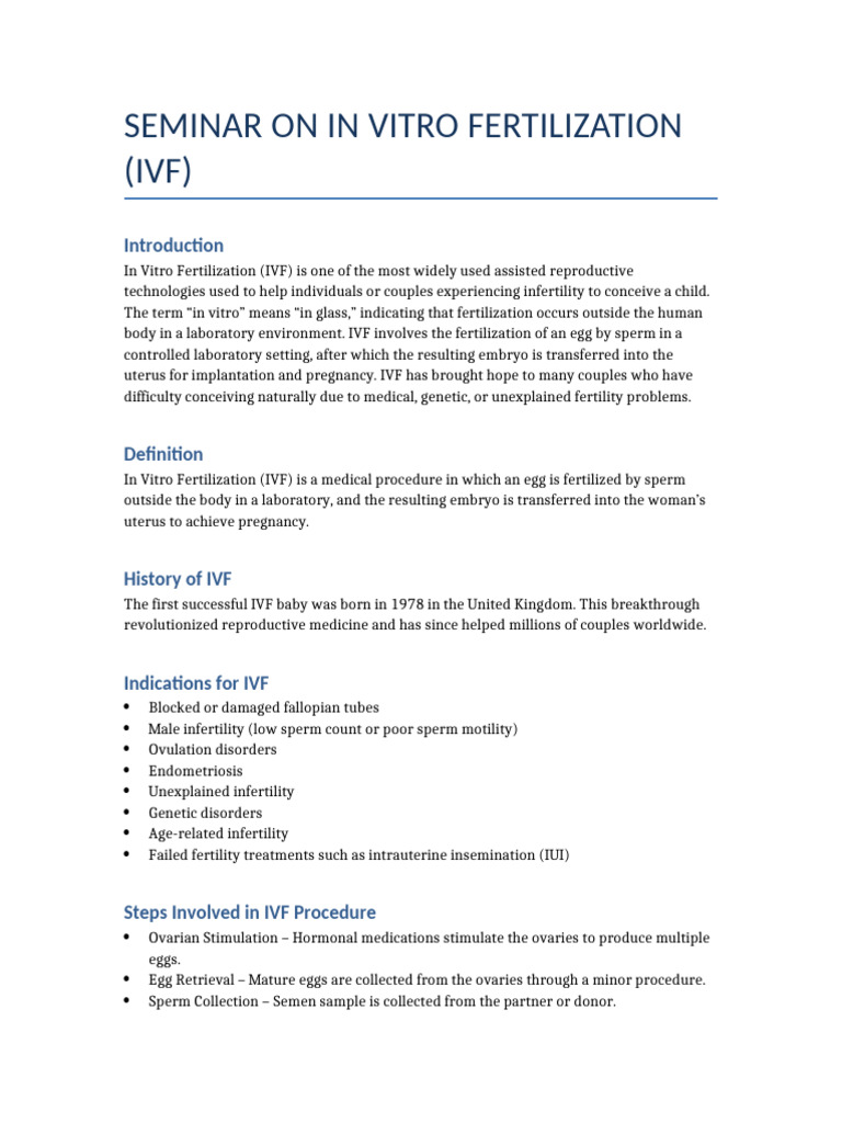 In Vitro Fertilization Seminar | PDF | In Vitro Fertilisation | Infertility