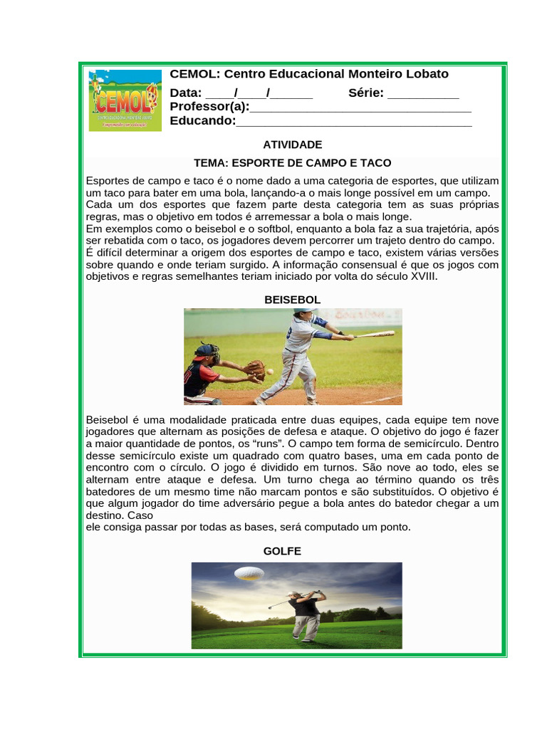 Atividade Sexto Ano - Esporte de Campo e Taco | PDF | Esportes ...