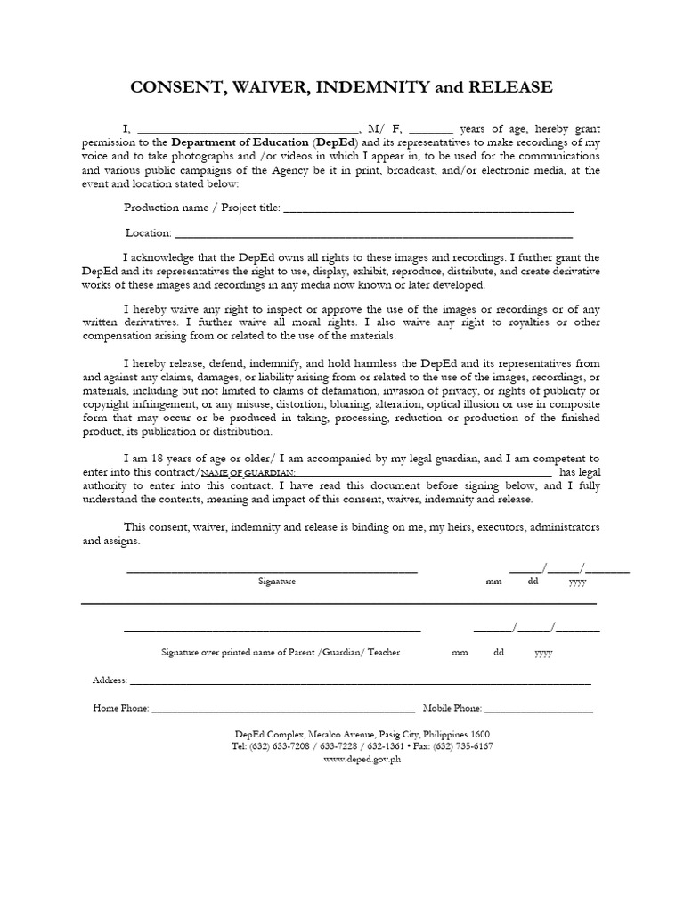 Template 2_Parent Consent | PDF | Indemnity | Common Law