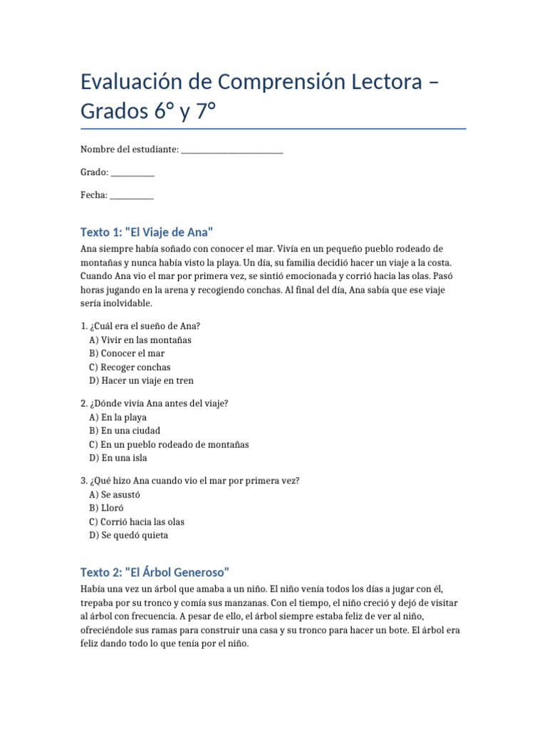 Evaluacion Comprension Lectora 6y7 | PDF